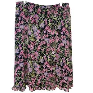 Sage Harbor Pink Black Flowy Skirt Midi Ruffle Hem Lined  Sz 14 Office Fairy